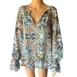 Belle Sky Peacock & Floral Multicolor Women's Long Sleeves Top size XL